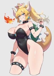 1girls bare_shoulders black_collar black_leotard black_nails blonde_hair blue_eyes bowsette bracelet breasts cleavage collar covered_navel earrings female fingernails fire grey_background highres horns jewelry kamidan large_breasts leotard lizard_tail looking_at_viewer mario_(series) medium_hair nail_polish new_super_mario_bros._u_deluxe nintendo pointy_ears sharp_teeth simple_background smile solo spiked_bracelet spiked_collar spikes super_crown tail teeth thick_thighs thigh_strap thighs white_horns