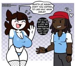 1boy 1girls accurate_art_style black_hair blue_shirt blush breasts brown_hair cleavage clothing colored_skin crop_top dark-skinned_male dark_skin dreadlocks english_language english_text female grin hat headwear heart high_resolution highleg huge_breasts jaiden jaiden_(jaiden_animations) jaiden_animations jaidenanimations kai_cenat large_breasts legwear long_hair male navel open_mouth pantsu red_headwear sexually_suggestive shirt smile steca tank_top text the_n_word thelazyart thick_legs thick_thighs thighhighs thighs underwear very_dark_skin waving white_skin youtube youtuber youtuber_girl youtubers