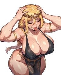 1girls :p ai_generated alternate_hairstyle armpits blonde_hair breasts cameltoe cleavage closed_eyes elden_ring female female_only fromsoftware huge_breasts long_hair nipple_bulge queen_marika_the_eternal rocksolidart solo solo_female thick_thighs tongue tongue_out wide_hips