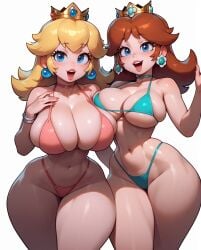 2girls ai_generated big_breasts bikini blonde_hair blue_eyes breasts brown_hair cleavage crown earrings eyebrows_visible_through_hair female female_only hourglass_figure long_hair mario_(series) navel nintendo princess_daisy princess_peach rocksolidart swimwear thick_thighs wide_hips