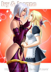 2girls bladestorm blonde_hair blue_eyes breasts crossover dress eye_contact female female_only green_eyes highres human human_only isabella_valentine jeanne_d'arc large_breasts lips lipstick long_hair looking_at_another makeup medium_breasts multiple_females multiple_girls necktie parted_lips red_necktie revealing_clothes short_hair silver_hair smile soul_calibur standing teeth thedarkness thighhighs white_legwear yuri