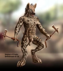 10s 2018 african_wild_dog animal_genitalia axe balls belly canine green_eyes happy hi_res male mammal melee_weapon nude pick pinup pose sack shadowsofcruelty sheath solo spiffydragon teal_eyes warpick weapon wild_dog