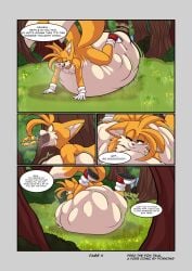 1boy ambiguous_prey anthro anthro_only belly big_belly burping_up_items burping_up_object comic digestion digestion_noises female_prey fox foxynoms furry furry_only male_anthro male_pred miles_prower multiple_prey page_4 page_number smile sonic_(series) sonic_the_hedgehog_(series) tails_the_fox vore vore_comic