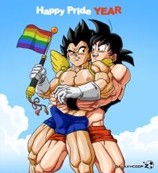 balls black_hair boner dragon_ball dragon_ball_z erection erection_under_clothes galaxycoop gay male male_only muscles muscular penis pride_flag saiyan son_goku vegeta widow's_peak