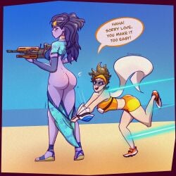 almarcagirls ass assisted_exposure beach dialogue exposed_ass female multiple_girls overwatch overwatch_2 pantsed pantsing tracer widowmaker