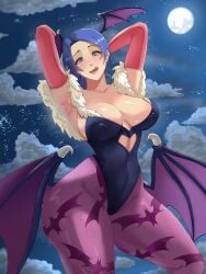 1girls amagane animal_print ass bat_print big_ass big_breasts blue_eyes blue_hair breasts capcom cosplay crossover darkstalkers female female_only head_wings hells hells_angels huge_breasts large_ass large_breasts looking_at_viewer milf morrigan_aensland morrigan_aensland_(cosplay) night_sky posing rinne's_mother short_hair varouke1 voluptuous wings