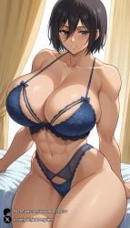 1girls abs ai_generated attack_on_titan bangs bare_shoulders black_hair blue_bra blue_eyes blue_panties blush bra breasts cleavage closed_mouth collarbone curtains hair_between_eyes highleg huge_breasts large_breasts lingerie looking_at_viewer mikasa_ackerman muscular navel panties self_upload shingeki_no_kyojin short_hair sitting smile solo thick_thighs thighs underwear underwear_only unjobdespiert