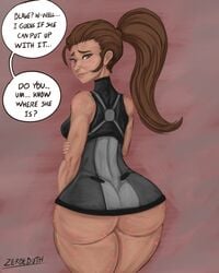 back_view bottom_heavy dark-skinned_female embarrassed ilia_amitola looking_back muscular_arms narrow_shoulders pear_shaped ponytail revealing_clothes rwby short_dress solo thick_thighs thin_waist wide_hips zerbebuth