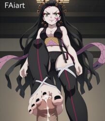 1boy ai_generated black_nail_polish blonde_hair daki_(kimetsu_no_yaiba) demon_slayer faiart female foot_fetish footjob from_below kimetsu_no_yaiba nail_polish pov standing_footjob