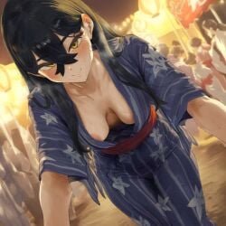 ai_generated areola_peek background_characters black_hair blush carmine_(pokemon) down_blouse festival green_eyes kimono large_breasts leaning_forward long_hair looking_at_viewer nyakki open_kimono pokemon pokemon_sv public_indecency smile