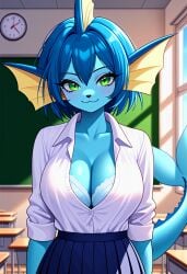 :3 ai_generated big_breasts blue blue_body blue_hair blue_skin blue_skinned_female bra breasts cleavage female game_freak gamefreak green_eyes kemonogirls large_breasts nintendo open_shirt pleated_skirt pokemon pokemon_(species) school_uniform solo underwear vaporeon