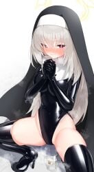 blue_archive blush bodysuit gloves highres holy_water latex latex_bodysuit leotard long_hair maguro27 nun praying pussy_juice sakurako_(blue_archive) skin_tight white_hair zettai_ryouiki