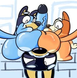 2girls1boy ass asses_touching bandit_heeler big big_penis bingo_heeler bluey_(series) bluey_heeler canine cub dog eyes_rolling_back facesitting father_and_daughter furry incest penis penis_vein raknytro tagme vein