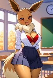 :3d ai_generated anthro big_breasts blue_skirt breasts brown_body brown_fur cleavage creatures_(company) eeveelution evee female female_focus female_only kemonogirls large_breasts nintendo open_clothes open_shirt pleated_skirt pokemon pokemon_(species) red_bra red_underwear school_uniform schoolgirl schoolgirl_uniform solo underwear