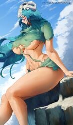 araneesama big_breasts bleach blue_sky cloudy_sky green_eyes green_hair light-skinned_female light_skin long_hair monster monster_girl nelliel_tu_odelschwanck outdoors outside side_glance skull_mask sky_background tattered_clothing thick thick_thighs toned toned_female toned_stomach underboob