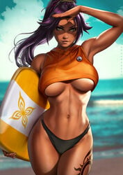 1girls alternate_costume armpits bleach breasts dandon_fuga dark-skinned_female dark_skin female female_only large_breasts lips long_hair looking_at_viewer navel ponytail purple_hair sea shihouin_yoruichi solo summer surfboard swimsuit tattoo thick_thighs thunder_thighs toned underboob wet yellow_eyes