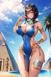 big_breasts blue_eyes blue_hair breasts clothes desert egypt egyptian girl looking_at_viewer pyramids short_hair sky temple trees underwear wide_hips