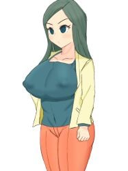 1girls aquilina_schiller big_breasts blue_eyes blush clothed female green_hair inazuma_eleven kaggarii_38 kira_hitomiko light-skinned_female light_skin long_hair nipple_bulge solo solo_female