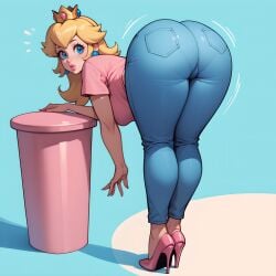 1:1 ai_generated bending_over big_ass blonde blonde_hair blue_eyes blue_jeans crown eogard_orc high_heels huge_eyes jeans mario_(series) mommy nintendo pawg princess princess_peach royal royalty self_upload shaking_butt simple_background stable_diffusion tight_clothing tight_jeans tight_pants