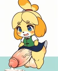 1futa ai_generated animal_crossing balls big_balls big_penis big_thighs blue_eyes blush blushed chibi cum cumdrip cute dress futa_only futanari isabelle_(animal_crossing) open_mouth penis penis_bigger_than_body penis_bigger_than_torso simple_background testicles upskirt veiny_penis