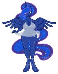 alicorn anthro anthrofied big_breasts blue_body blue_feathers blue_fur breasts chest_tuft clothed clothing cosmic_hair equid equine ethereal_hair feathers female friendship_is_magic fur genitals hasbro hooves horn jewelry leg_jewelry mammal my_little_pony mythological_creature mythological_equine mythology nightgown nipples no_underwear princess_luna_(mlp) pussy solo stickycrop translucent translucent_clothing translucent_nightgown tuft unguligrade unicorn_horn wide_hips wings