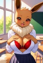 :3d ai_generated anthro big_breasts blue_skirt breasts brown_body brown_fur cleavage creatures_(company) eevee eeveelution female female_focus female_only kemonogirls large_breasts nintendo open_clothes open_shirt pleated_skirt pokemon pokemon_(species) red_bra red_underwear school_uniform schoolgirl schoolgirl_uniform solo underwear