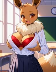 ai_generated anthro big_breasts blue_skirt breasts brown_body brown_fur cleavage creatures_(company) eevee eeveelution female female_focus female_only kemonogirls large_breasts nintendo open_clothes open_shirt pleated_skirt pokemon pokemon_(species) red_bra red_underwear school_uniform schoolgirl schoolgirl_uniform solo underwear