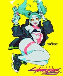 1 big_sweatshirt blue cyberpunk girl green_hair guns hair hair_with_pigtails jumping jumping_girl long skin smiling