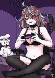 1girls belly_button big_breasts bimbo blue_hair bra breasts brown_hair collar emikukis gamer gamer_girl legs only_female panties red_eyes socks spider_girl teeth thigh_socks thighs tony_x_play tonyxplay virtual_youtuber vtuber vtuberfanart white_skin