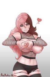 aestheticc-meme breasts brown_eyes brown_hair choker emo eyebrows_visible_through_hair female fishnets heart heart-shaped_boob_challenge heterochromia large_breasts long_hair mesh_shirt multicolored_hair neo_(rwby) nipple_piercing pierced_nipples pussy rwby solo