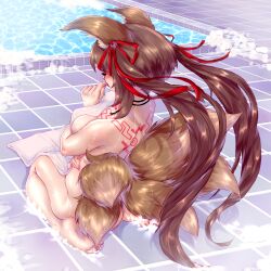 animal_ear_fluff animal_ears ass back back_tattoo bangs barefoot blue_eyes blush breasts brown_hair caleen_keemosn commission eyebrows_visible_through_hair feet female female fox_ear fox_ears fox_girl fox_tail from_behind hair hair_ornament hair_ribbon kemonomimi kitsunemimi kyuubi large_breasts long_hair mammal multiple_tails nail_polish nude red_ribbon ribbon runes sitting solo star_ocean star_ocean_anamnesis tail tattoo tied_hair toes towel twintails very_long_hair wariza water wet zy-sama