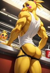 ai_generated anthro anthro_male ass back biceps blush chica_(fnaf) female_to_male five_nights_at_freddy's gay jockstrap jockstrap_only looking_at_viewer looking_back male male_only muscular muscular_male smile toned_body toned_male twall97 yellow_body