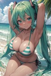 1girls ai_generated big_breasts bikini bikini_bottom bikini_top blue_eyes blue_hair breasts cleavage exposed_shoulders female hatsune_miku huge_breasts large_breasts long_hair revealing_clothes shinjo_(artist) solo striped_swimsuit striped_swimwear twintails vocaloid