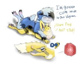 bodily_fluids cum eeveelution fan_character female generation_1_pokemon generation_7_pokemon genital_fluids inside jolteon lycanroc male male/female nintendo no_humans oliver_lycanroc penetration pokemon pokemon_(species) vaginal_penetration