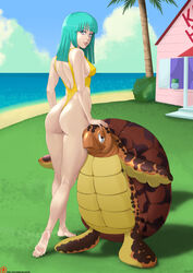 absurd_res absurdres ass back_view bangs barefoot beach big_ass blue_eyes breasts clothed clouds dat_ass dragon_ball dragon_ball_z duo eyelashes feet female feral full_body grass hand_on_head hi_res highleg highleg_swimsuit highres human kneepits long_hair looking_at_viewer looking_back marine maron medium_breasts nipple_bulge one-piece_swimsuit outdoors palm_tree parted_lips reptile scalie sea_turtle seaside sideboob skimpy soles swimsuit teal_hair toes tree turtle turtle_(dragon_ball) water xplotter