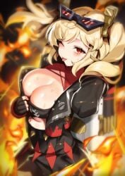 ;) ;p black_gloves black_jacket black_skirt blonde_hair breasts burnice_white english_commentary female fingerless_gloves fire gloves highres hirosenpai_(adamosina) jacket large_breasts long_sleeves midriff one_eye_closed open_clothes open_jacket red_eyes short_hair skirt smile solo tongue tongue_out two_side_up zenless_zone_zero