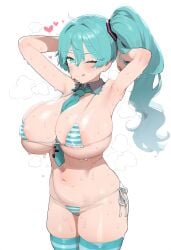 1girls ai_generated big_breasts bikini bikini_bottom bikini_top blue_eyes blue_hair breasts cleavage exposed_shoulders female hatsune_miku huge_breasts large_breasts long_hair revealing_clothes striped_swimsuit striped_swimwear sucraloseeee twintails vocaloid