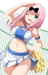 1girls artist_request big_breasts blue_eyes breasts busty cheerleader female female_only fujiwara_chika hand_on_hip highres kaguya-sama_wa_kokurasetai_~tensai-tachi_no_renai_zunousen~ large_breasts legs long_hair looking_at_viewer midriff navel one_eye_closed open_mouth panties pantyshot pink_hair salute skirt smile smiling solo thighs underwear voluptuous wide_hips wink