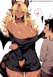 ai_assisted ai_generated blonde_hair breasts cleavage curvy ex-ragnarokknight manticore milf nervous_male seductive sweater taller_girl