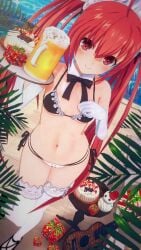 1girls beer bikini cake date_a_live female female_only gloves itsuka_kotori maid maid_bikini maid_outfit maid_uniform outdoors petite plant red_eyes thighhighs tray twintails water