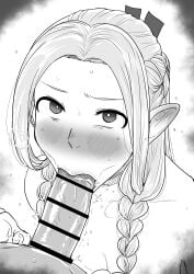 1boy :>= absurdres bar_censor blonde_hair blush braid breasts censored dungeon_meshi elf female greyscale hair_around_ear highres kaiman_garupan long_hair looking_at_viewer marcille_donato monochrome multiple_braids nude open_mouth penis pointy_ears pov pov_crotch simple_background solo_focus steaming_body straight sweat white_background