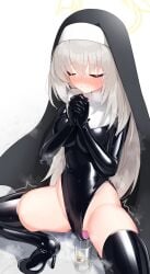 blue_archive blush bodysuit gloves highres holy_water latex latex_bodysuit leotard long_hair maguro27 nun praying pussy_juice sakurako_(blue_archive) sex_toy skin_tight vibrator white_hair zettai_ryouiki