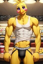 abs ai_generated anthro anthro_male biceps blush chica_(fnaf) female_to_male five_nights_at_freddy's gay jockstrap jockstrap_only male male_only muscular muscular_male smile toned_body toned_male twall97 yellow_body