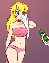 1girls 1other 1up alternate_costume arm bare_arms bare_legs bare_shoulders blonde_hair blue_eyes bottle breasts choker closed_mouth collarbone eyebrows_visible_through_hair female female_focus gradient gradient_background hand_up heart highres legs lips lipstick long_hair makeup mario_(series) medium_breasts midriff navel neck nintendo panties pink_choker pink_lipstick pink_panties pink_tubetop princess_peach scorpdk short_shorts shorts smile soda_bottle solo_focus standing strapless super_mario_bros. towel tubetop underwear