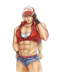 1boy abs ambush_(trap) androgynous baseball_cap blonde_hair blue_eyes cap fatal_fury fingerless_gloves gloves hat jacket king_of_fighters ktovhinao long_hair looking_at_viewer male male_only muscles muscular muscular_male muscular_trap open_jacket shorts snk_heroines:_tag_team_frenzy solo terry_(snk_heroines:_tag_team_frenzy) terry_bogard