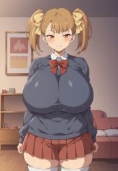 1girls ai_generated big_breasts big_thighs blush breasts busty clothed clothed_female clothing curvy female female_only giant_breasts gigantic_breasts haha_musume_donburi_oppai_tokumori_bonyuu_shiru_dakude huge_breasts huge_thighs large_breasts large_thighs massive_breasts milkersenjoyer rumi_(haha_musume_donburi) thick_thighs thighs twintails voluptuous