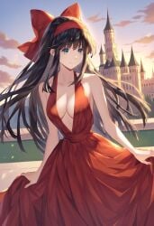 1girls ai_generated alternate_costume big_breasts black_hair blue_eyes breasts busty cleavage dress female female_only hair_ribbon king_of_fighters large_breasts long_hair nakoruru samurai_shodown smile snk voluptuous