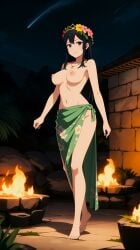 1girls ai_generated barefoot black_eyes black_hair breasts breasts breasts female fire flower_crown hi_res highres naked nighttime nipples nude original_character outdoors pixai skirt smile solo standing stars