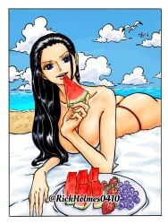 1girls accurate_art_style ass beach big_ass big_breasts bikini bikini_top_removed black_hair blue_eyes breasts female female_only huge_breasts large_ass large_breasts nico_robin one_piece rickholmes solo solo_female topless