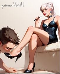 1boy 1boy1girl 1female 1girls 1male ai_generated black_dress black_high_heels blush blush brown_hair choker domination dominatrix earrings evelynn feet female female female_dominating_male female_domination femdom foot_fetish heels high_heels kissing_feet league_of_legends long_legs looking_at_another red_lips red_lipstick sitting submissive submissive_male tagme viviai white_hair yellow_eyes